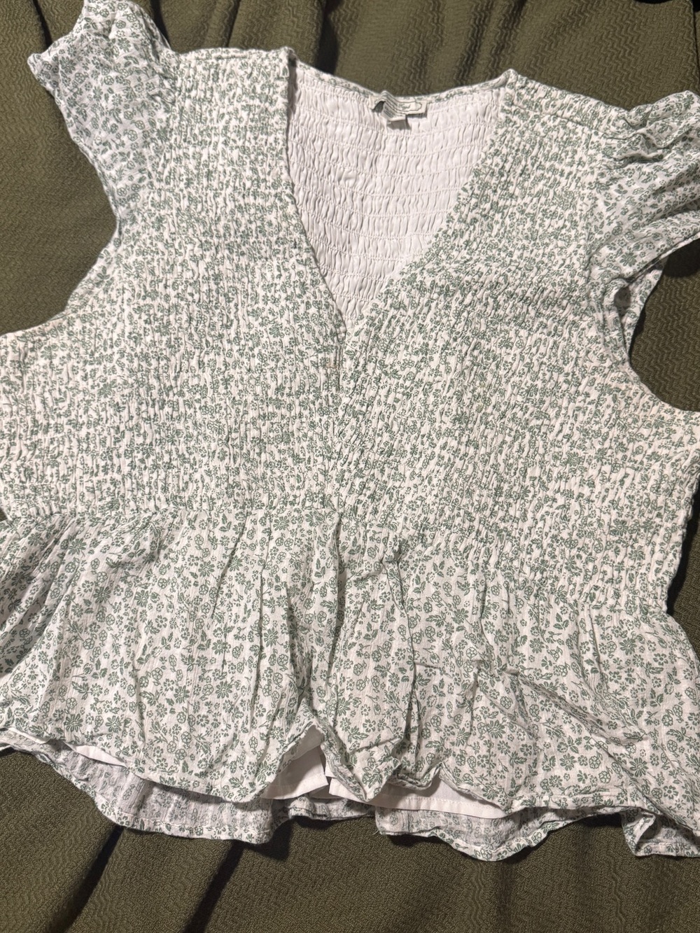 American Eagle Outfitters White Smocked Floral Peplum Top